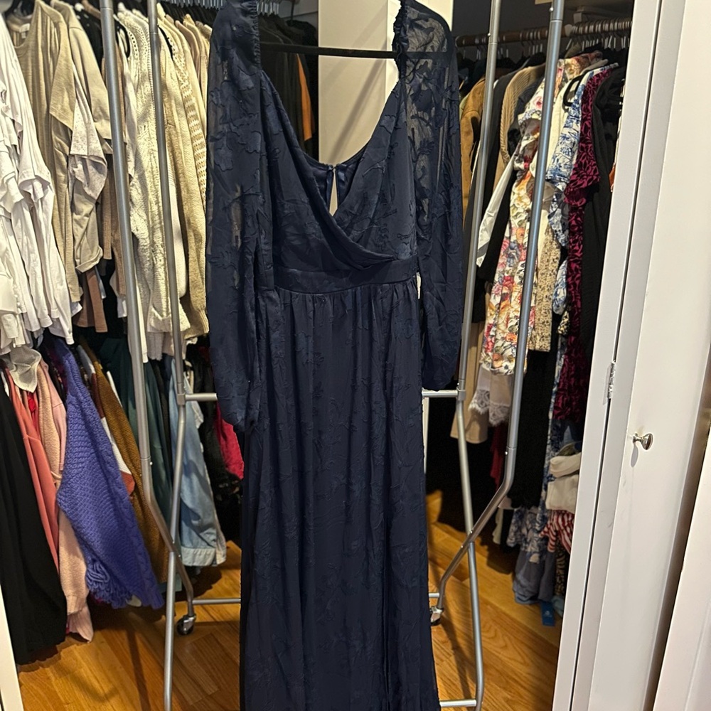 Baltic Born Blue Gown with Plunge Neckline and Bishop Sleeves